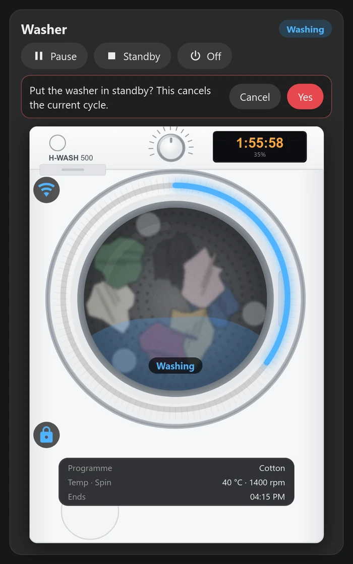 The washer card asking Put the washer in standby? This cancels the current cycle.
