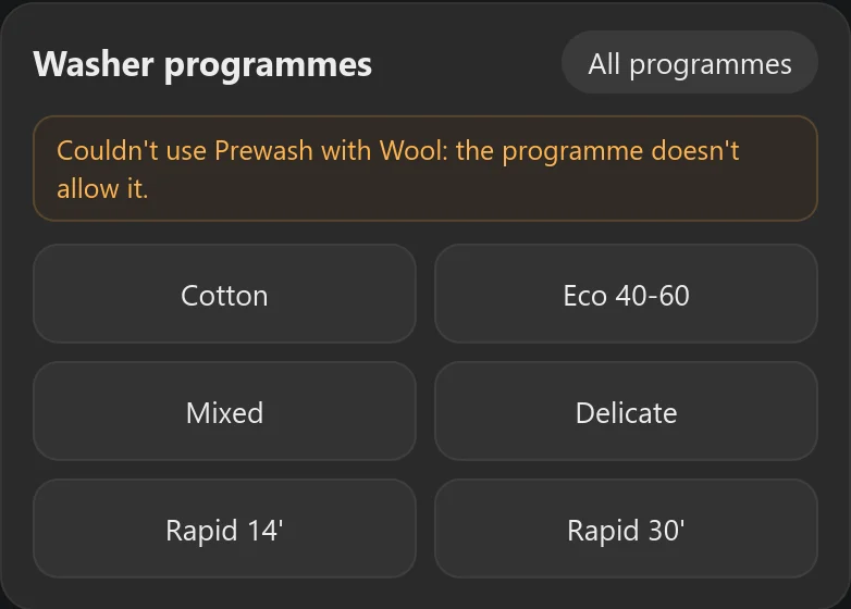 The washer programmes card saying Couldn't use Prewash with Wool: the programme doesn't allow it