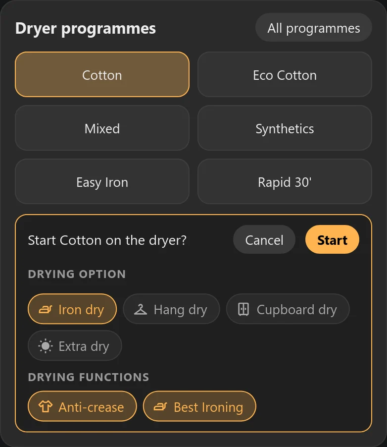 The dryer programmes card with Iron dry chosen as the drying option, and Anti-crease and Best Ironing switched on