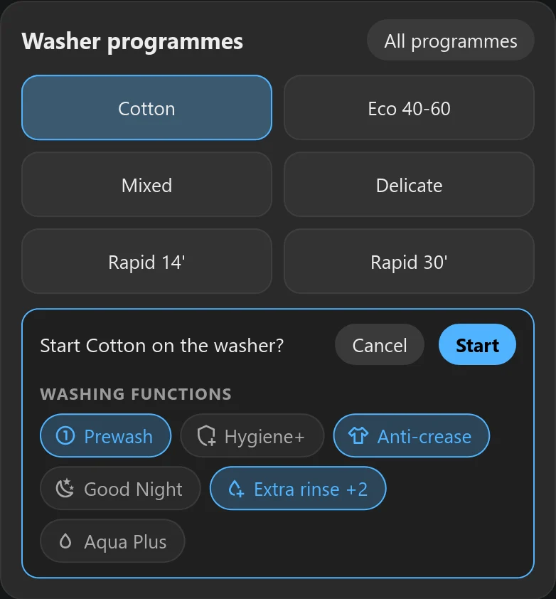 The washer programmes card asking Start Cotton on the washer? with Prewash, Anti-crease and Extra rinse +2 chosen