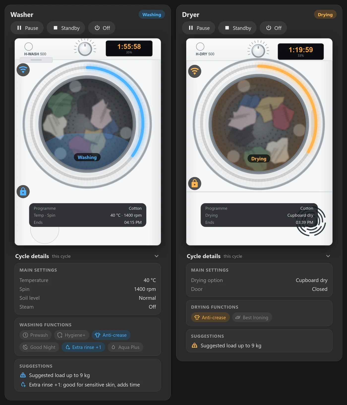 Washer and dryer card for Home Assistant version 3: the washer mid-cycle and the dryer drying, each with cycle details underneath