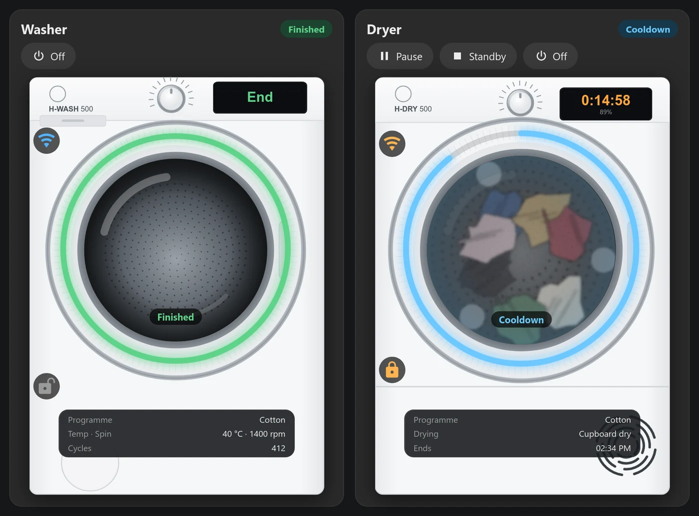 The washer card showing End and a green ring when finished, and the dryer in its cooldown phase