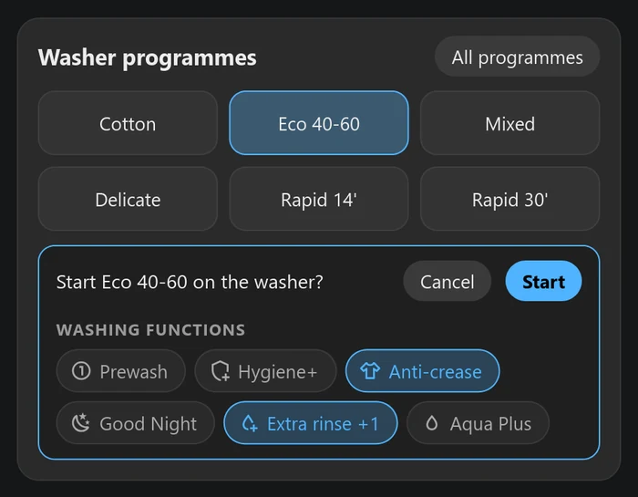 The programmes card asking Start Eco 40-60 on the washer? with Cancel and Start buttons and the washing functions to choose